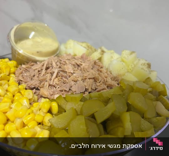 סלט עם תירס, מלפפונים חמוצים, טונה ורוטב בצד